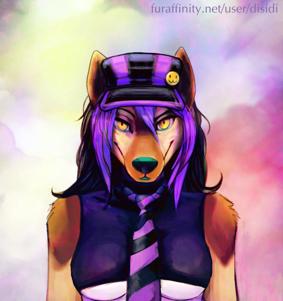 abstract_background anthro bare_shoulders breasts clothed clothing female hair hat headgear headwear looking_at_viewer multicolored_hair necktie purple_hair simple_background smile solo tight_clothing under_boob yellow_eyes gasmask_(artist) val_mal canid canine canis domestic_dog mammal tamaskan_dog 2013 half-length_portrait portrait