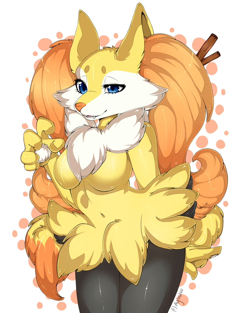 anthro black_body black_fur blue_eyes breasts female fur inner_ear_fluff nude orange_body orange_fur pink_nose smile solo tuft white_body white_fur yellow_body yellow_fur ayloulou nintendo pokemon braixen canid canine generation_6_pokemon mammal pokemon_(species)