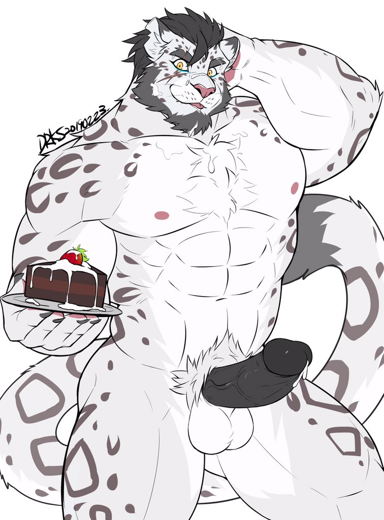 abs anthro beard black_hair black_penis blep bodily_fluids cake cake_slice candy chest_tuft chocolate chocolate_cake claws cum dessert facial_hair facial_scar finger_claws food frosting fur genital_fluids genitals goatee grey_hair hair hand_behind_head holding_object holding_plate leaking_cum leopard_spots male markings muscular muscular_anthro muscular_male nipples nude obliques pawpads pecs penis plate pubes scar simple_background solo spots spotted_body spotted_fur sweat tongue tongue_out tuft vein veiny_penis white_background white_body white_fur drks alvintanubis yuntian felid mammal pantherine snow_leopard