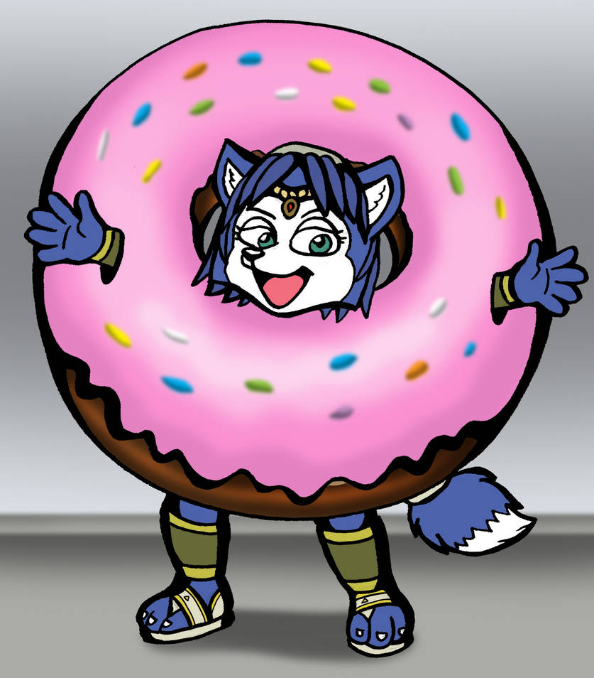 anthro clothing costume dessert detailed_background donut_costume doughnut doughnut_costume female food food_costume pastry solo standing vixdojofox nintendo star_fox star_fox_adventures krystal_(star_fox) canid canine fox mammal