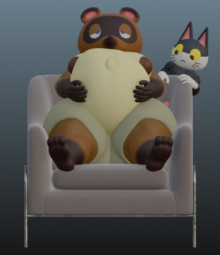 3_toes 5_fingers after_sex anthro baby_bump chair duo feet fingers furniture holding_stomach male moobs on_chair overweight overweight_male pregnant pregnant_male sitting sitting_on_chair thick_thighs tired toes onyxsplash animal_crossing nintendo punchy_(animal_crossing) tom_nook_(animal_crossing) canid canine domestic_cat felid feline felis mammal raccoon_dog tanuki 3d_(artwork) digital_media_(artwork)