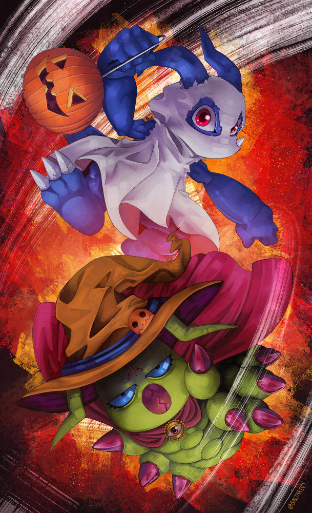 anthro blue_body blue_eyes clothing costume duo feral ghost_costume green_body halloween_costume hat headgear headwear holidays male mandibles red_eyes segmented_body witch_hat baltarbd bandai_namco digimon halloween digimon_(species) veemon wormmon