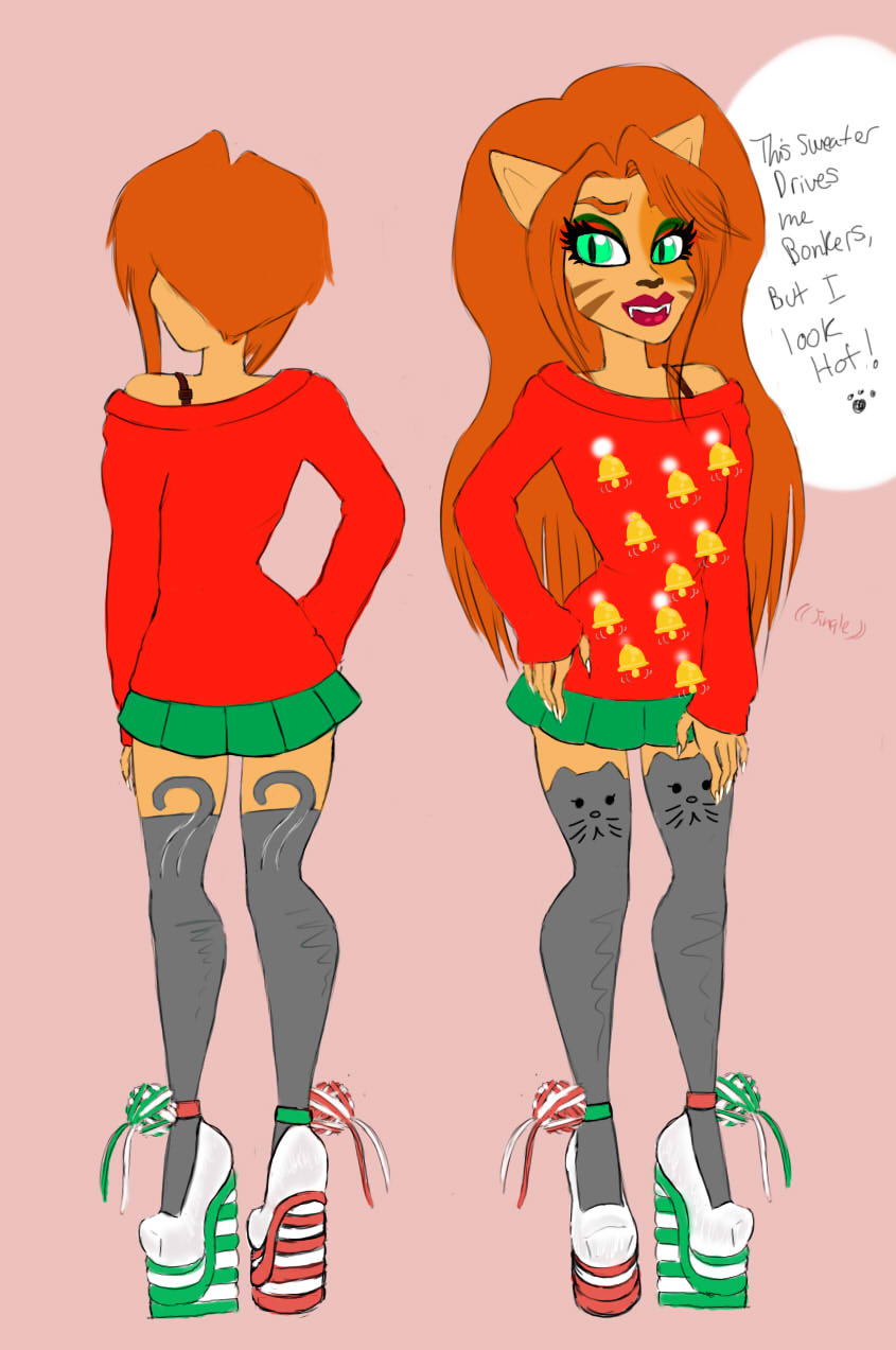 clothing duo fangs female green_eyes hair holidays legwear lips orange_hair sweater teeth text thigh_highs topwear msmizu christmas mattel monster_high toralei_stripe animal_humanoid cat_humanoid felid felid_humanoid feline feline_humanoid humanoid mammal mammal_humanoid werecat werecreature werefelid werefeline english_text hi_res