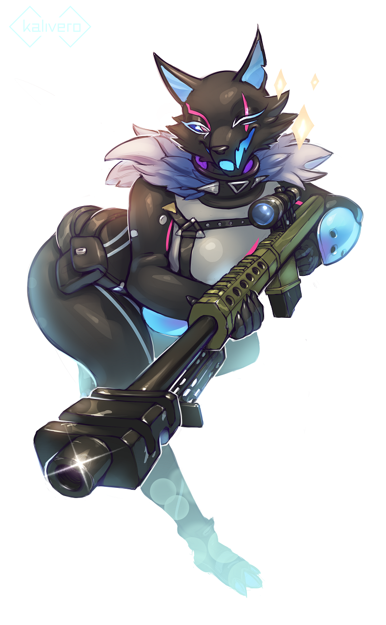 action_pose anthro black_body breasts clothed clothed_female clothing female gun holding_object holding_weapon leaning leaning_forward looking_at_viewer one_eye_closed open_mouth pose ranged_weapon rifle sniper_rifle solo sparkles thick_thighs weapon kalivero epic_games fortnite pack_leader_highwire canid canine canis mammal wolf full-length_portrait hi_res portrait