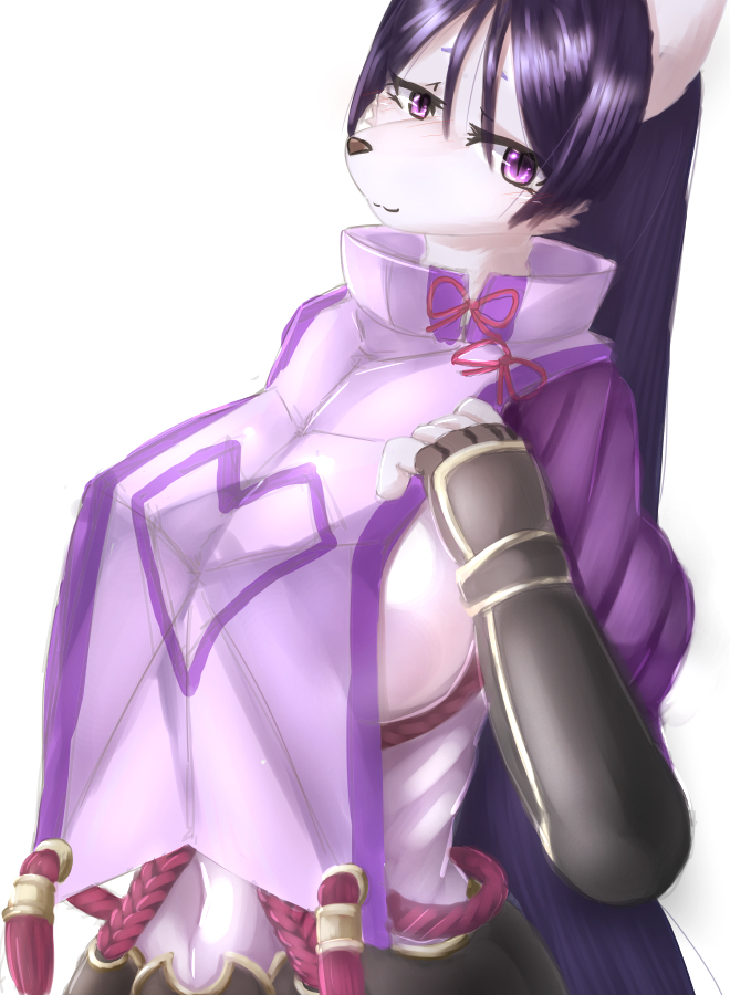 alternate_species anthro bedroom_eyes big_breasts blush breasts clothed clothing female fur furrification hair half-closed_eyes long_hair looking_at_viewer narrowed_eyes pink_blush purple_eyes seductive simple_background smile solo white_body white_fur kemosara fate_(series) type-moon berserker_minamoto_no_raikou minamoto_no_raiko canid canine canis mammal