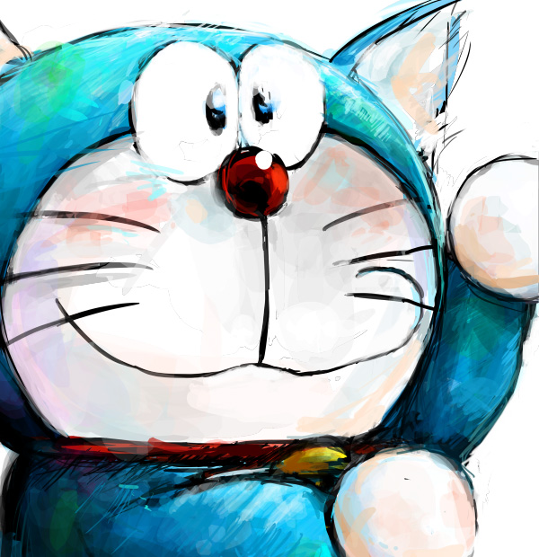 anthro bell blue_body blue_fur collar ears_up front_view fur machine male mouth_closed raised_arm red_collar red_nose simple_background solo standing whiskers white_background white_body white_fur mt_tg doraemon doraemon_(character) domestic_cat felid feline felis mammal robot 2016 shaded