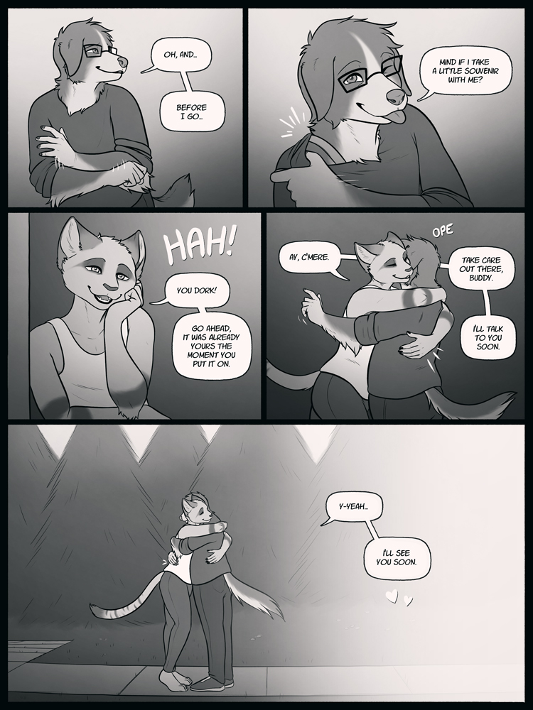 anthro black_border border clothed clothing day detailed_background dialogue duo male open_mouth outside sky smile teeth text tongue glopossum elise_(glopossum) junip canid canine canis domestic_cat domestic_dog felid feline felis mammal 2020 3:4 comic digital_media_(artwork) english_text