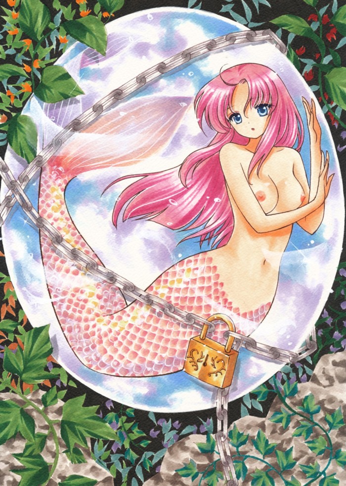 blue_eyes breasts captured chain female hair lock long_hair looking_at_viewer navel nipples nude open_mouth padlock pink_hair plant split_form the_goonies annie_the_mermaid marine merfolk