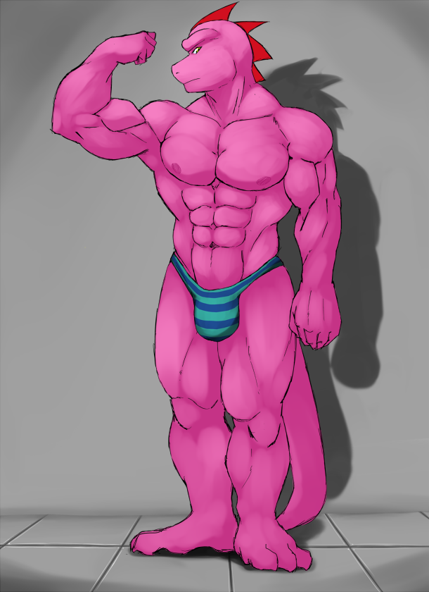 abs anthro bicep_curl biceps bulge claws clothing flexing floor front_view head_turned looking_at_viewer male muscular muscular_anthro muscular_male muscular_thighs navel nipples pattern_clothing pattern_underwear pecs pink_body pink_scales raised_arm scales shadow solo spines standing striped_clothing striped_underwear stripes tail thong tile tile_floor toe_claws underwear geng mythology tarou_(geng) dragon mythological_creature mythological_scalie scalie 2014 colored shaded