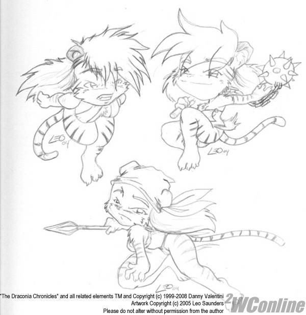 anthro chibi clothed clothing durag female flail group hair headgear headwear long_hair melee_weapon polearm skimpy spear text trio weapon leo_saunders draconia_chronicles kess_(draconia_chronicles) riah shie felid feline mammal pantherine tiger 2005 english_text monochrome signature sketch watermark