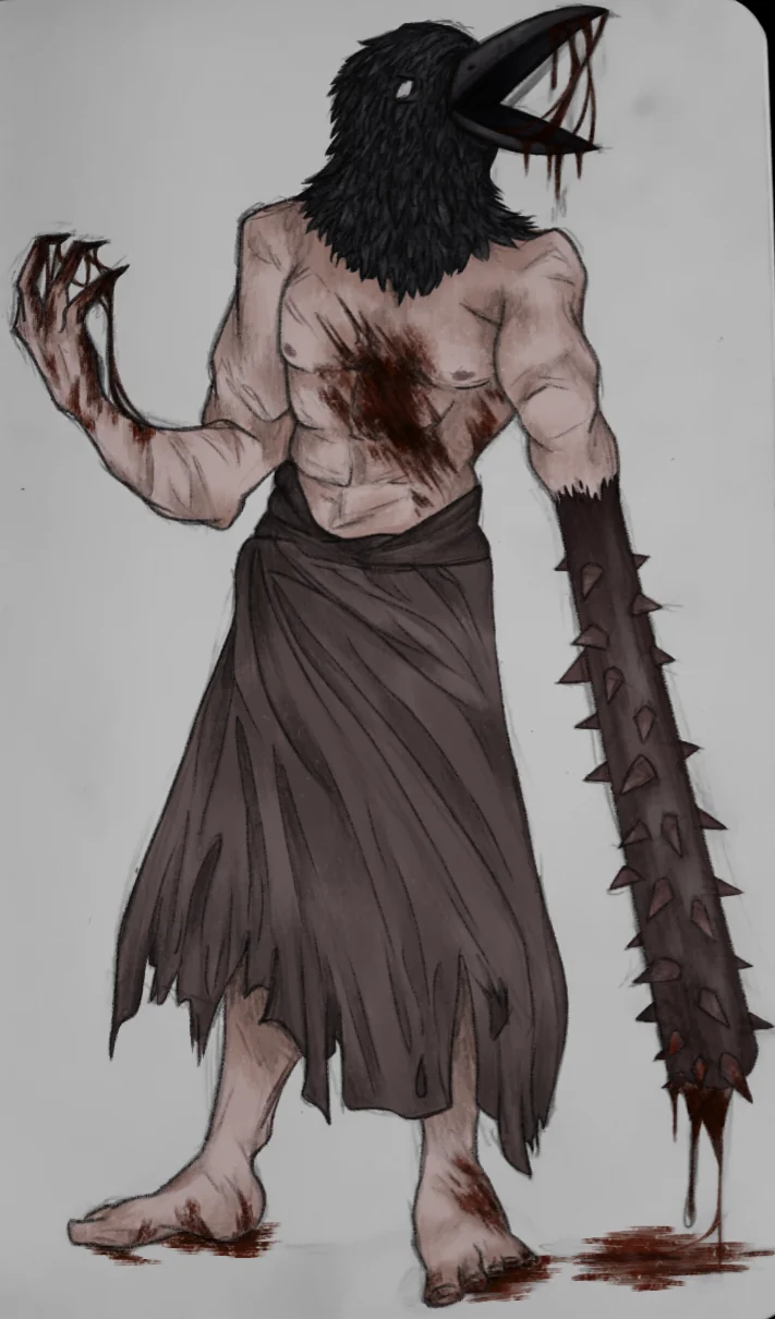 4_fingers 5_toes abs amputee barefoot beak black_beak black_body black_feathers blood blood_on_beak blood_on_chest blood_on_feet blood_on_hand blood_on_mouth blood_on_weapon blood_splatter bodily_fluids bottomwear brown_bottomwear brown_clothing brown_loincloth chest_strap clothing disability feathers feet fingers for_a_head loincloth looking_away male melee_weapon muscular muscular_humanoid muscular_male nipples no_pupils open_beak open_mouth open_wound scar shirtless shirtless_humanoid shirtless_male simple_background solo spikes standing toes weapon weapon_arm white_background wounded princess_kuko fear_and_hunger crow_mauler animal_head animal_humanoid avian avian_humanoid bird bird_humanoid corvid corvid_humanoid corvus_(genus) corvus_humanoid crow crow_humanoid humanoid oscine passerine 2024 colored hi_res