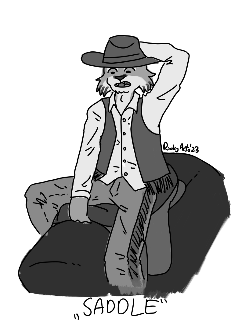 anthro clothing collared_shirt countershade_face countershading cowboy_hat cowboy_outfit hand_on_head hand_on_headwear hat headgear headwear male mechanical_bull saddle scared_face simple_background solo topwear vest white_background ricky_arts inktober felid feline humanoid lynx mammal 2023 monochrome