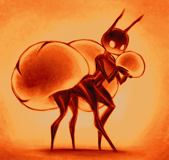 anthro big_butt butt female multi_leg multi_limb orange_background simple_background solo decisivetang hollow_knight team_cherry ant arthropod honeypot_ant hymenopteran insect