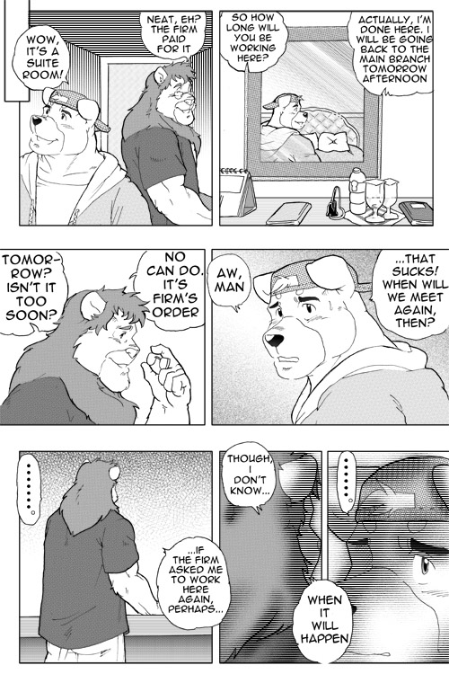 anthro clothing dialogue distance eyewear glasses hat headgear headwear male text ryuu_majin canid canine canis domestic_dog felid lion mammal pantherine 2:3 comic english_text greyscale monochrome