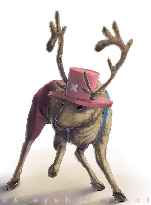 antlers black_eyes blue_nose brown_body brown_fur clothed clothing feral fur hat headgear headwear hooves horn male simple_background solo crystaldragon one_piece tony_tony_chopper tony_tony_chopper_(walk_point_form) deer mammal new_world_deer reindeer