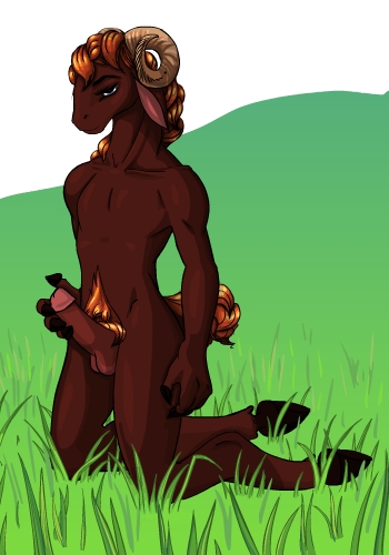 anthro balls biped bovid_horn brown_body brown_fur caprine_horn erection fur genitals grass hair hooves horn humanoid_genitalia humanoid_penis male nude penis plant ram_horn red_hair simple_background solo drayl drayl_(character) bovid caprine mammal sheep 2012 low_res