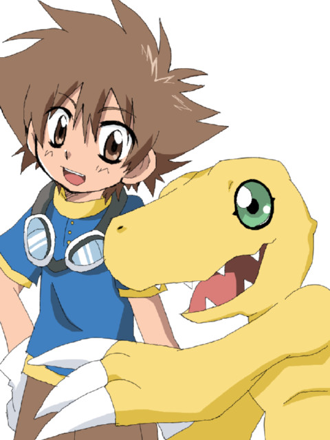 brown_eyes brown_hair duo eyewear fangs goggles goggles_around_neck hair male teeth wgvn8452 bandai_namco digimon digimon_adventure taichi_kamiya agumon digimon_(species) human mammal 3:4