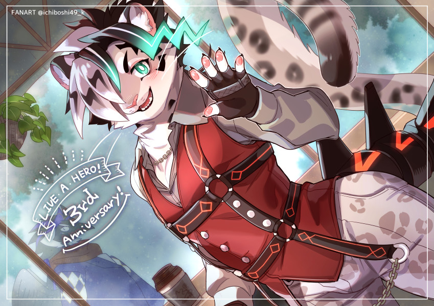 anthro blush clothing fingerless_gloves fur gloves hair hair_over_eye handwear harness male markings multicolored_hair one_eye_obstructed pawpads slim solo spots spotted_body spotted_fur 1boshi lifewonders live_a_hero raizi felid mammal pantherine snow_leopard