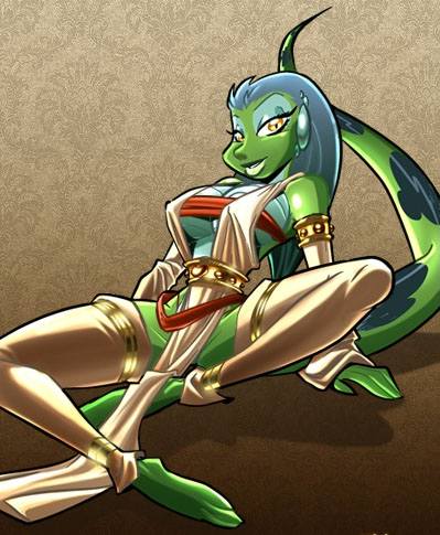 anthro armwear barefoot big_breasts biped blue_hair breasts clothed clothing detached_sleeves feet female front_view green_body green_scales hair looking_at_viewer non-mammal_breasts scales solo tail yellow_eyes federico federico_panella unknown_artist quest_for_fun zandria iguana iguanid lizard reptile scalie low_res