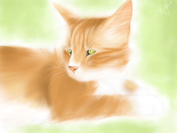 feral fluffy green_eyes lying male on_front quadruped relaxing side_view soft_focus solo whiskers lexii_(artist) domestic_cat felid feline felis mammal sammy_(disambiguation) digital_media_(artwork) digital_painting_(artwork) half-length_portrait painting_(artwork) portrait