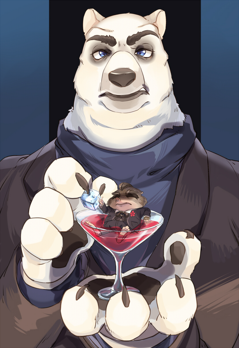 anthro black_nose clothed clothing container cup drinking_glass duo fully_clothed fur glass glass_container glass_cup holding_character male micro white_body white_fur wine_glass siambei disney zootopia koslov_(zootopia) mr._big_(zootopia) arctic_shrew bear eulipotyphlan mammal polar_bear shrew ursine 2016 hi_res