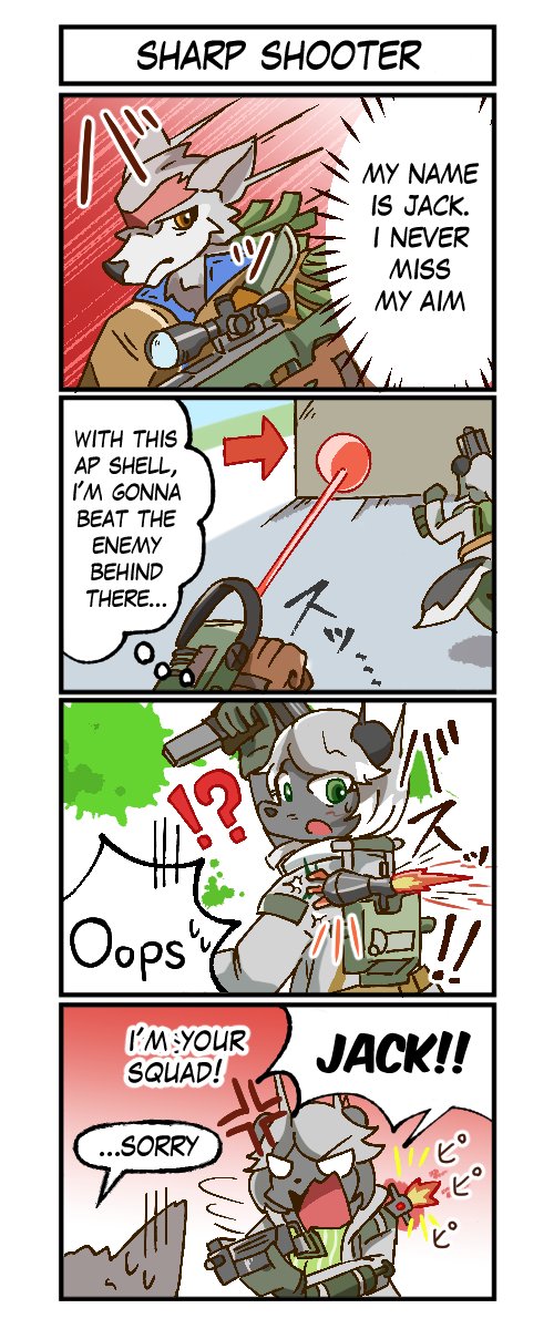 aiming_weapon angry anthro athletic athletic_anthro athletic_female athletic_male clothed clothed_anthro clothed_female clothed_male clothing cross-popping_vein dialogue directional_arrow duo embarrassed exclamation_point female friendly_fire gun holding_gun holding_object holding_ranged_weapon holding_rifle holding_sniper_rifle holding_weapon holding_with_two_hands imminent_pain male motion_lines question_mark ranged_weapon rifle sniper sniper_rifle sniper_scope speech_bubble text uhoh wall_(structure) weapon shiroan33 combat_cat_studio wild_assault jack_(wild_assault) marquez_(wild_assault) canid canine canis mammal mephitid skunk wolf comic english_text hi_res translated