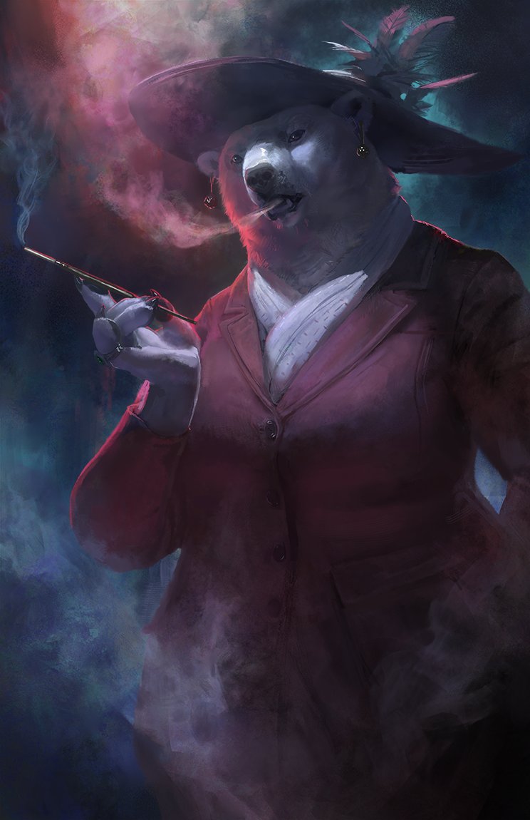 anthro cigarette cigarette_holder clothed clothing female fully_clothed fur hat headgear headwear realistic realistic_anthro smoke smoking solo white_body white_fur spectrumshift tails_noir clarissa_bloodworth bear mammal polar_bear ursine 2021 digital_media_(artwork) digital_painting_(artwork) half-length_portrait portrait