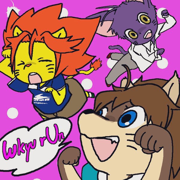 anthro blue_eyes bottomwear brown_body brown_fur brown_hair clothing eyes_closed fangs fur group hair happy humor male open_mouth pants purple_body purple_fur shirt silly tail tan_body tan_fur teeth text topwear trio yellow_body yellow_fur hiroshi_wac morenatsu shin_(morenatsu) shun_(morenatsu) soutarou_(morenatsu) canid canine canis domestic_cat felid feline felis lion mammal pantherine wolf 1:1 2020 japanese_description meme romaji_text