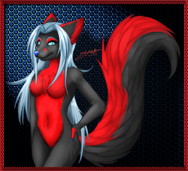 anthro belly black_body black_fur blue_background blue_eyes blue_hair blue_nose border breasts chest_tuft claws featureless_breasts female fur hair markings navel pattern_background pointy_ears prick_ears red_belly red_body red_border red_fur red_markings simple_background solo tuft pacmancorp temrin temrin_(character) temrin_sanjem