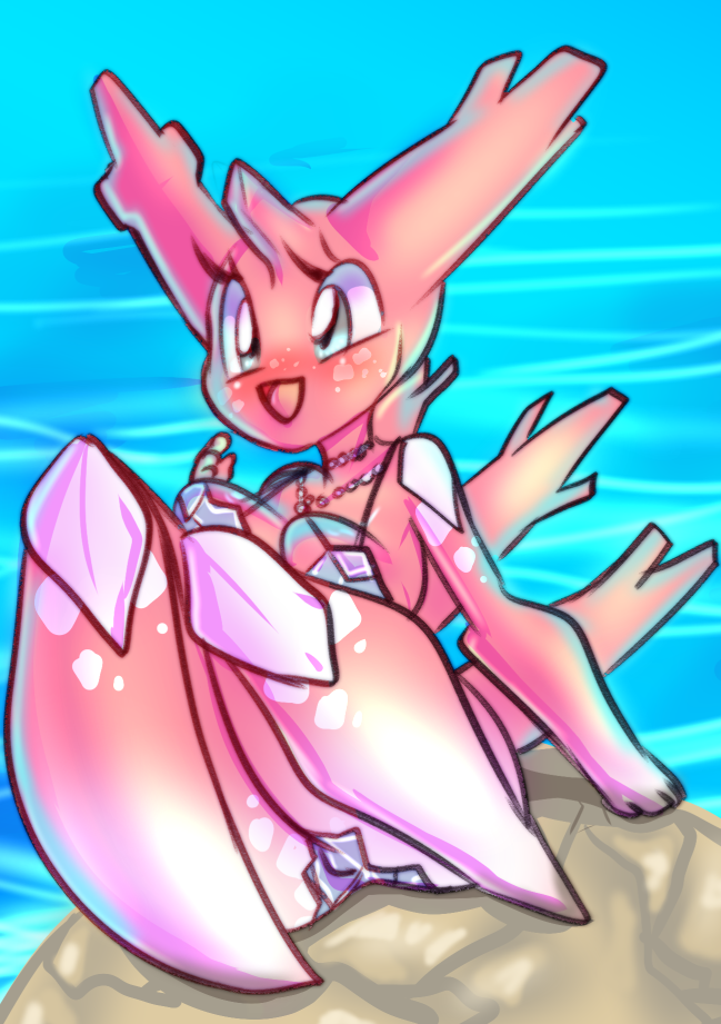 anthro anthrofied big_breasts bikini biped blue_eyes blush breasts butt clothed clothing female jewelry necklace non-mammal_breasts open_mouth open_smile outside pokemorph rock sitting smile solo swimwear two-piece_swimsuit water pocketmew nintendo pokemon anthozoan cnidarian corsola generation_2_pokemon marine pokemon_(species)