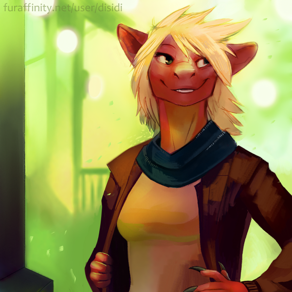 anthro blonde_hair breasts claws clothed clothing female green_eyes hair non-mammal_breasts smile solo gasmask_(artist) mythology dragon mythological_creature mythological_scalie scalie 1:1 2013