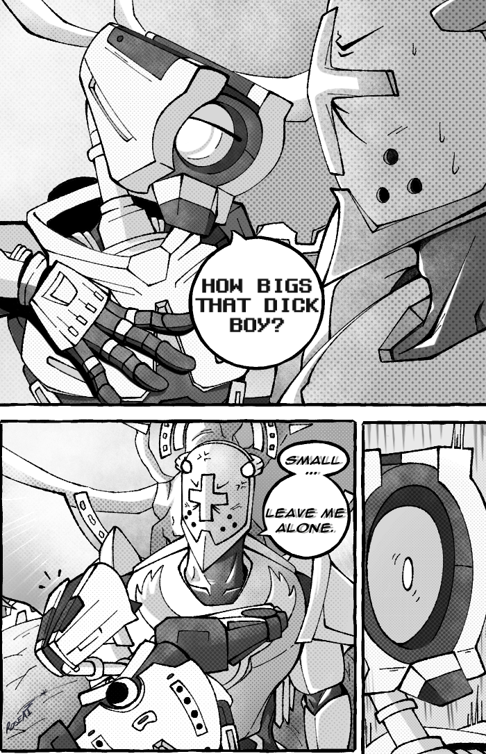 ambiguous_gender angry anthro asking_how_long cross-popping_vein dialogue duo ellipsis hand_on_chest machine male question shocked speech_bubble text roseai_69 new_blood_interactive ultrakill gabriel_(ultrakill) v1_(ultrakill) angel humanoid robot robot_humanoid english_text monochrome