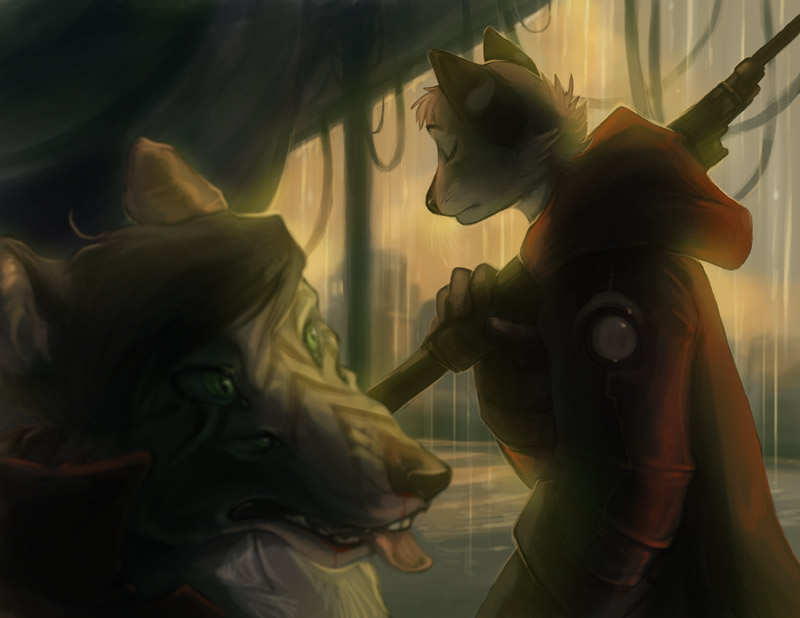 anthro blood bodily_fluids cape clothing downcast duo male multi_eye outside raining tent skulldog_(artist) canid canine felid mammal