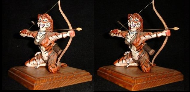 aiming anthro archer arrow_(weapon) barefoot biped black_background black_body black_fur bow_(weapon) breasts brown_hair character_miniature clothed clothing feet female fur hair holding_object holding_weapon kneeling miniature miniature_model open_mouth orange_body orange_fur quiver_(object) ranged_weapon sculpture simple_background skimpy solo statue stripes weapon white_body white_fur unknown_artist felid mammal pantherine tiger cross_eye_stereogram grandfathered_content side_by_side_stereogram stereogram