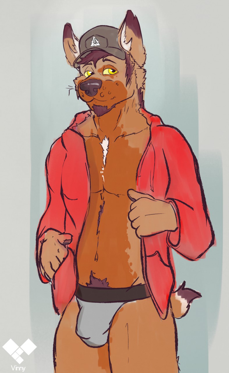 anthro bulge clothing detailed_bulge fur genital_outline hair hat headgear headwear jacket jockstrap male penis_outline simple_background smile solo topwear underwear vinylwolf vinylwolf_(character) canid canine canis coyote mammal 2017 digital_media_(artwork) hi_res