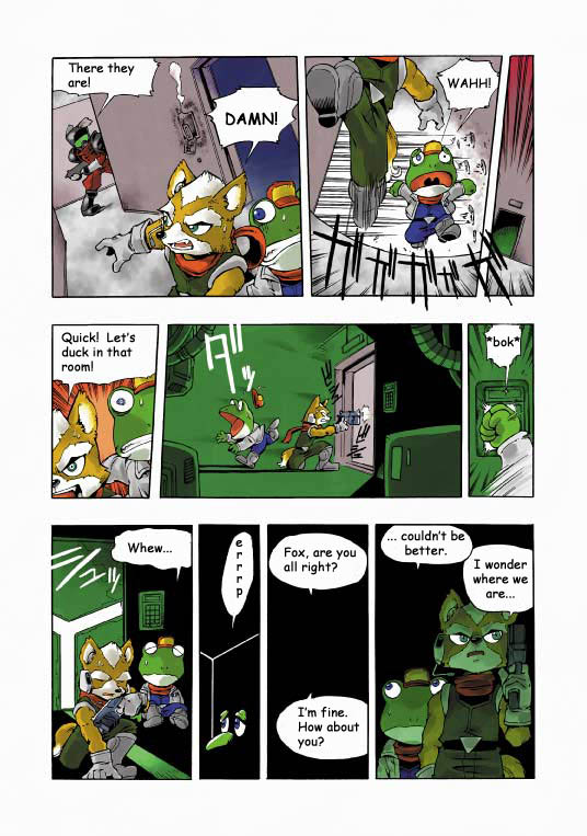 anthro clothing dialogue duo group male text shigehisa_nakaue nintendo star_fox fox_mccloud slippy_toad amphibian canid canine fox frog mammal 2002 comic english_text japanese_text official_art