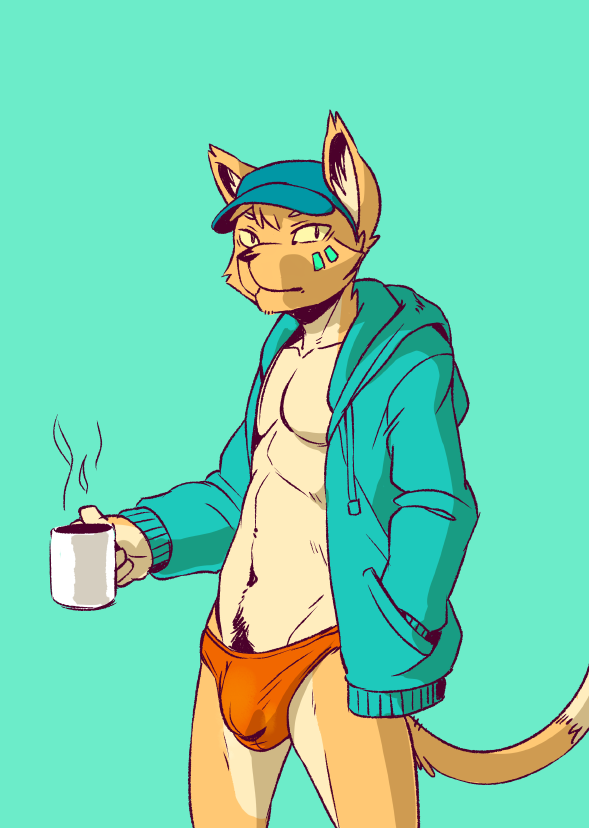 anthro body_hair briefs clothing coffee_mug container cup furgonomics happy_trail hat headgear headwear holding_container holding_cup holding_object hoodie male pubes simple_background solo speedo swimwear topwear underwear seaside_(artist) domestic_cat felid feline felis mammal