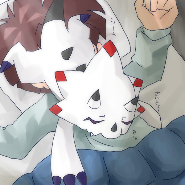 anthro bed black_claws brown_hair claws clothing duo furniture hair kerchief male pajamas sleeping sleeping_on_another white_body hamu_ym bandai_namco digimon digimon_ghost_game gammamon_(ghost_game) hiro_amanokawa digimon_(species) gammamon human mammal 1:1