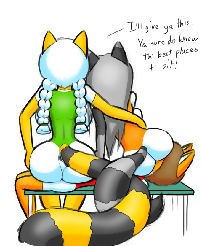 anthro big_butt bubble_butt bulge butt dialogue dominant dominant_female duo facesitting female fur hair male markings on_lap ring_(marking) ringed_tail sitting_on_another sitting_on_lap smothering striped_markings striped_tail stripes tail tail_markings text white_hair yellow_body yellow_fur norithics norithics_"nori"_kusemurai rik_mccloud sunni_smiles canid canine fox mammal procyonid raccoon english_text