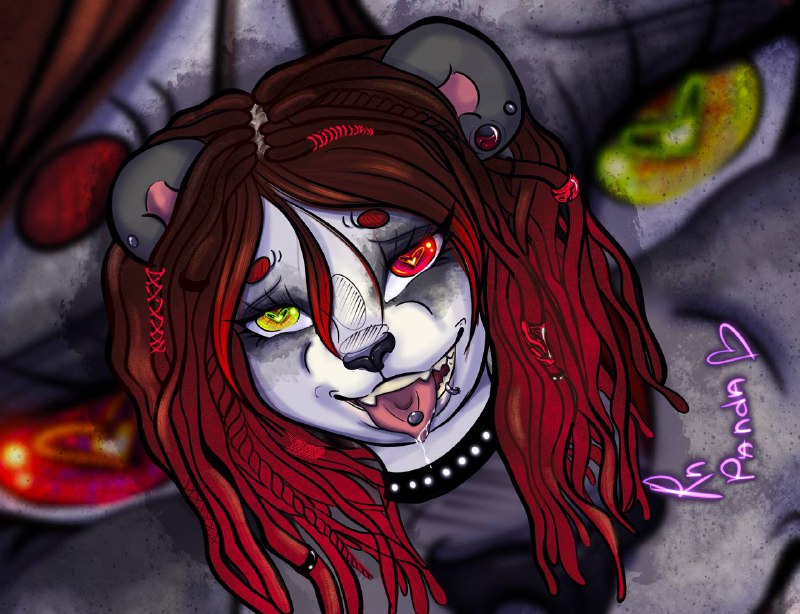 anthro blush female fur hair looking_at_viewer open_mouth piercing solo rnpanda rn_(rnpanda) bear giant_panda mammal digital_media_(artwork)