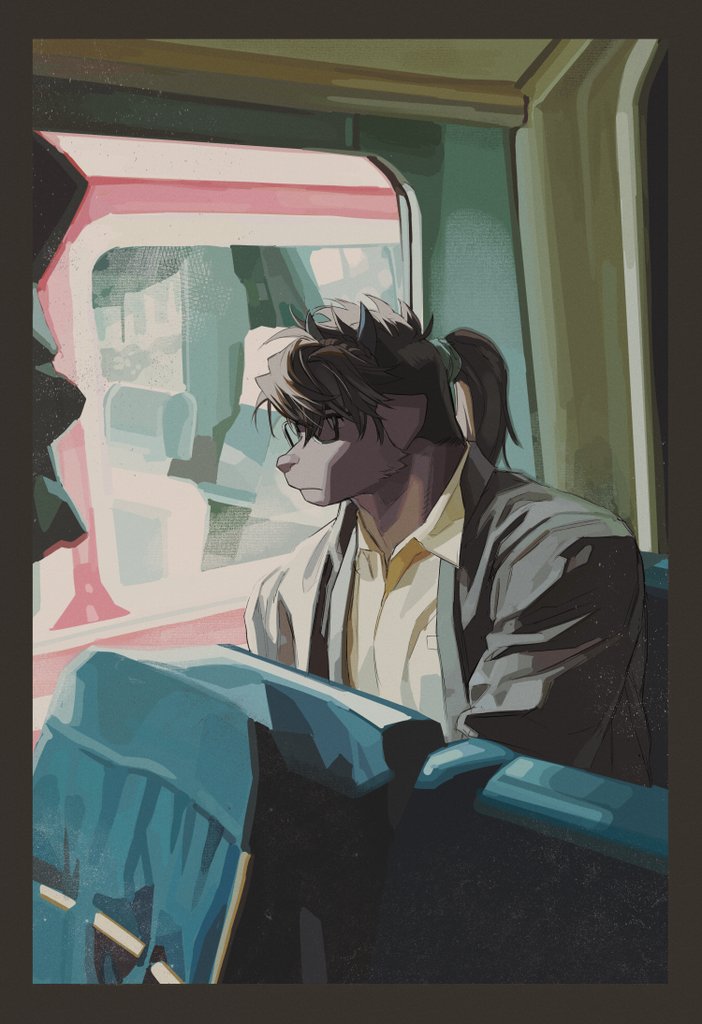 anthro brown_body brown_fur brown_hair bus buss clothed clothing commercial_vehicle eyebrows eyewear fully_clothed fur glasses hair horn inside_bus looking_out_window male neutral_expression public_transportation vehicle vehicle_for_hire wasp_(artist) lifewonders tokyo_afterschool_summoners catoblepas_(tas) catoblepas monster