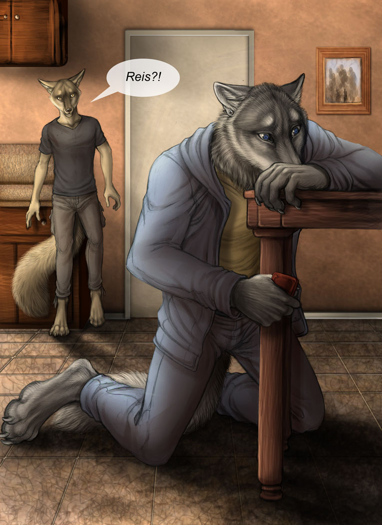 anthro bar_phone barefoot black_nose blue_bottomwear blue_clothing blue_jacket blue_pants blue_topwear bottomwear brown_nose cellphone clothed clothing dialogue duo electronics feet fully_clothed fur grey_body grey_fur grey_tail holding_cellphone holding_object holding_phone inside jacket kitchen male male/male on_ground pants phone sad speech_bubble tail tan_body tan_clothing tan_fur tan_shirt tan_tail tan_topwear text topwear rukis marcus_(rukis) reis canid canine canis mammal wolf comic english_text