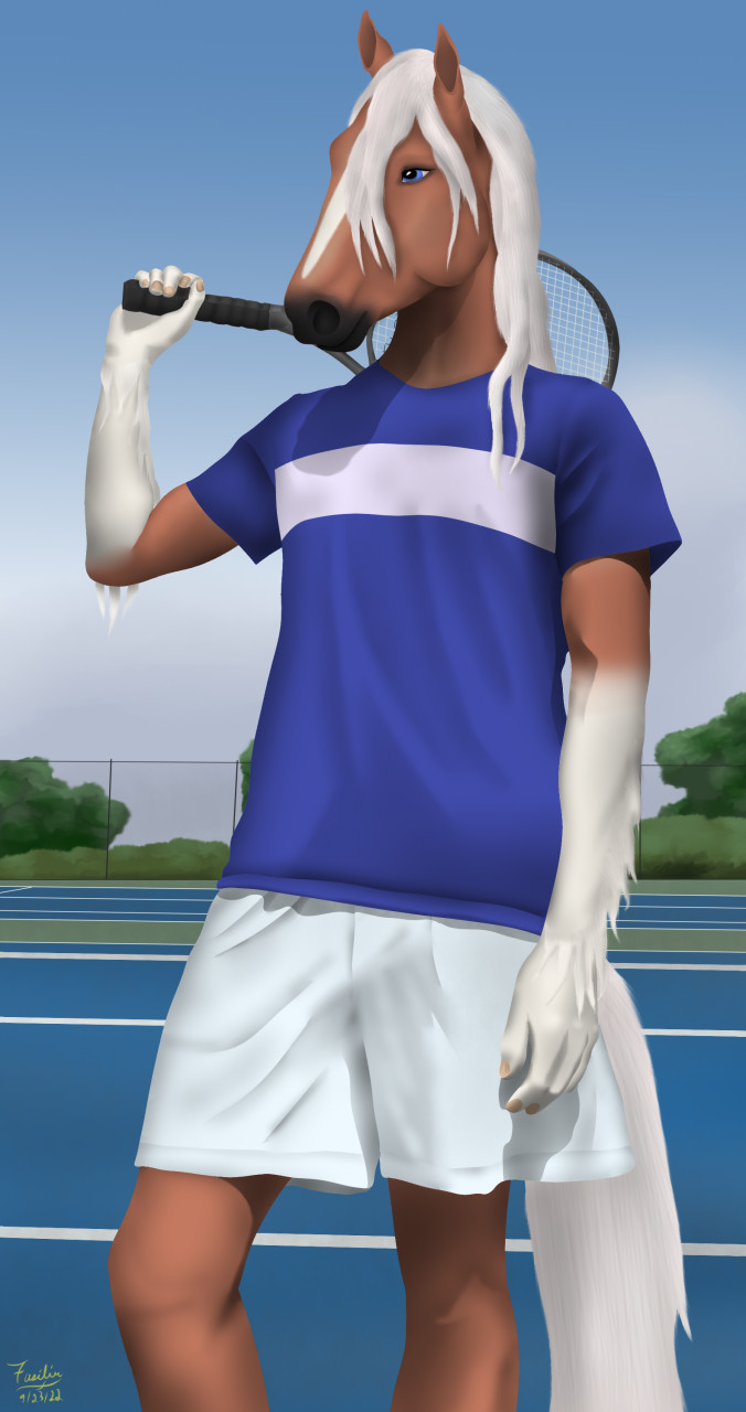 anthro blue_clothing blue_eyes blue_shirt blue_topwear bottomwear clothing male pose shirt shorts solo sport t-shirt tennis tennis_court tennis_racket topwear fusilier maxym_(bloopertrooper) dolehest equid equine horse mammal hi_res