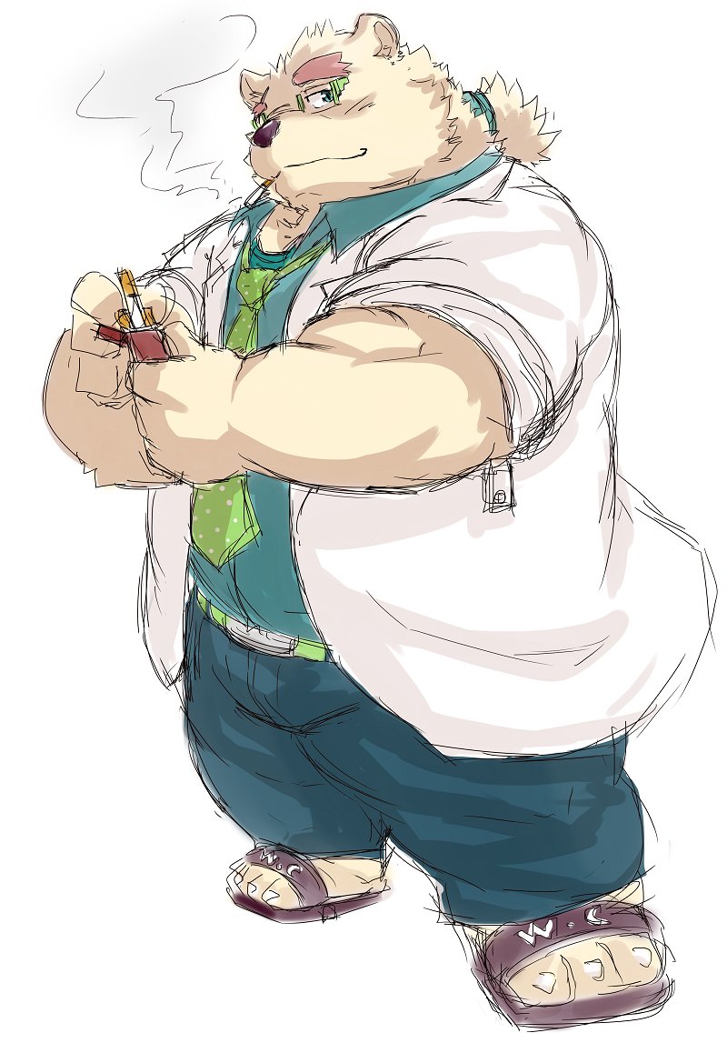 anthro belly bottomwear cigarette clothing eyewear fur glasses humanoid_hands male overweight overweight_anthro overweight_male pants shirt smoke smoking solo topwear white_body white_fur liger813 lifewonders tokyo_afterschool_summoners leib_(tas) bear mammal polar_bear ursine 2017