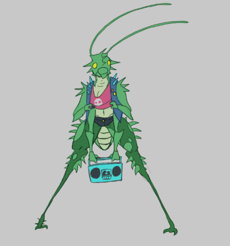 4_arms anthro breasts butt clothed clothing female legwear multi_arm multi_limb non-mammal_breasts solo thick_thighs wide_hips toxicempress3 punk_rock arthropod cricket grasshopper insect locust orthopterid 2016