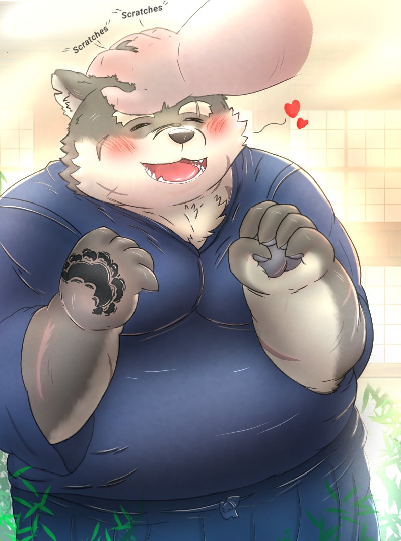 anthro asian_clothing blush clothing duo east_asian_clothing eyebrows fur grey_body grey_fur heart_symbol japanese_clothing kimono male petting scar smile thick_eyebrows natsonano lifewonders tokyo_afterschool_summoners moritaka_(tas) canid canine canis domestic_dog human mammal