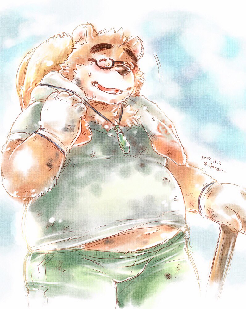 anthro belly blush bottomwear brown_body brown_fur clothing eyewear fur glasses gloves handwear hat headgear headwear male overweight overweight_anthro overweight_male pants shirt solo straw_hat topwear haruki haruki_(artist) lifewonders tokyo_afterschool_summoners volos_(tas) bear mammal 2017