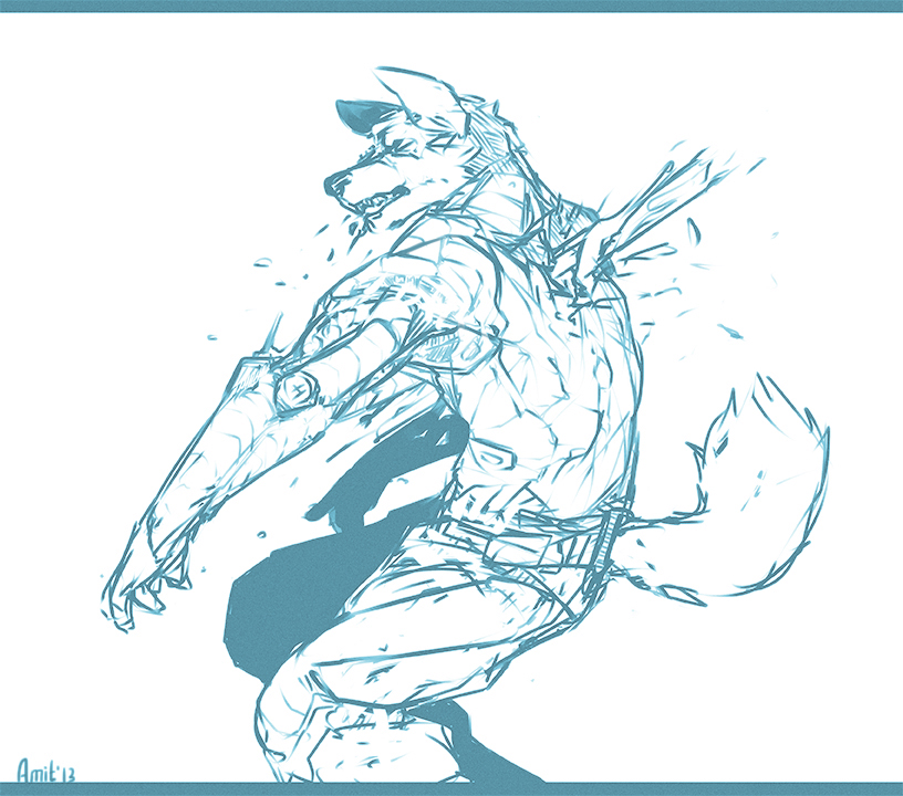 anthro blood bodily_fluids bottomwear clothing male pants prosthetic simple_background solo tail white_background wounded amit canid canine mammal 2013 blue_and_white monochrome sketch