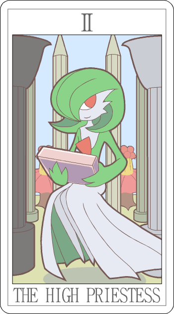 card card_template female fortune_telling looking_at_viewer major_arcana not_furry pillar red_eyes roman_numeral solo tarot tarot_card the_high_priestess_(tarot) miji nintendo pokemon gardevoir generation_3_pokemon mammal pokemon_(species)