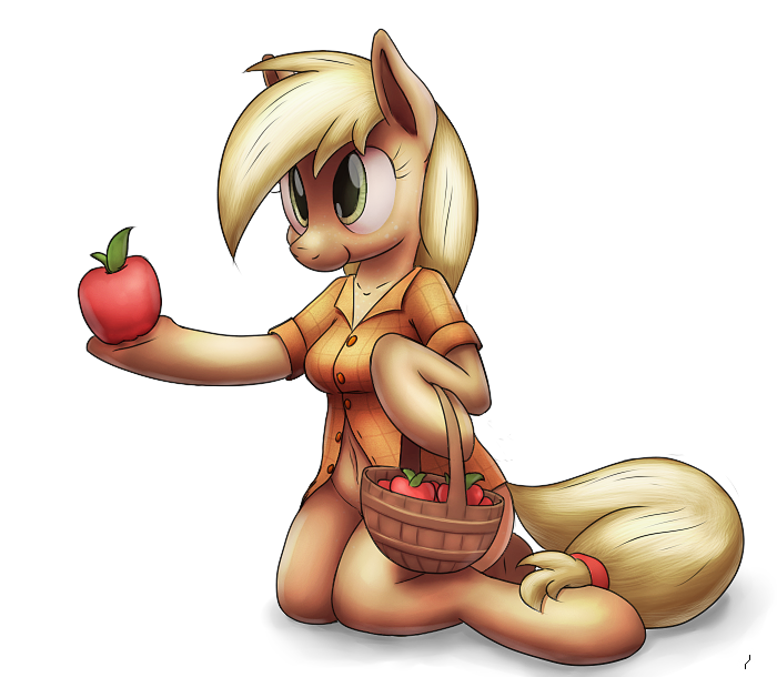 anthro anthrofied apple basket biped blonde_hair breasts clothed clothing container female food freckles fruit fur green_eyes hair navel partially_clothed plant shirt simple_background sitting smile solo topwear white_background tg-0 friendship_is_magic hasbro my_little_pony applejack_(mlp) earth_pony equid equine horse mammal pony 2015